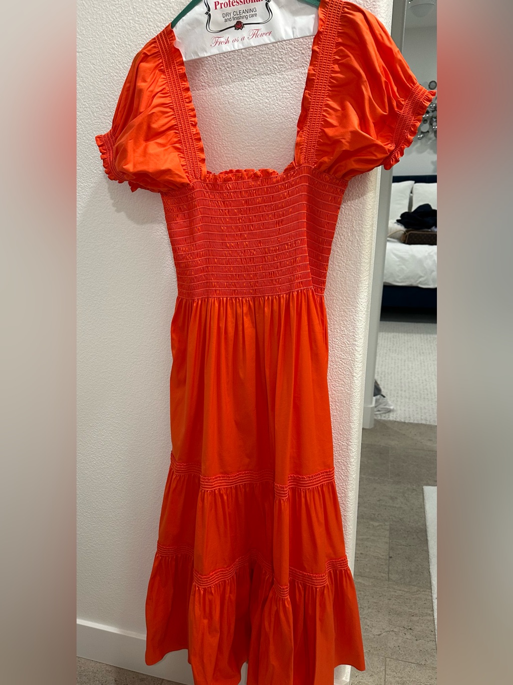 Tory Burch Bright Orange Smocked Maxi Dress With Puff Sleeves